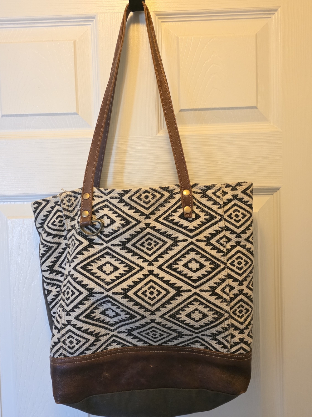 Myra Bag Black and Cream Geometric Tote with Brown Leather Trim